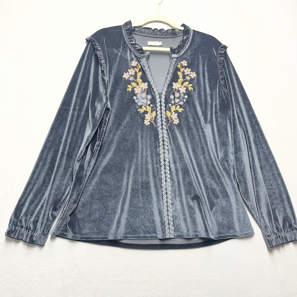 Spartina 449 Velvet Floral Embroidered Ruffle Top Womens XL Boho Garden